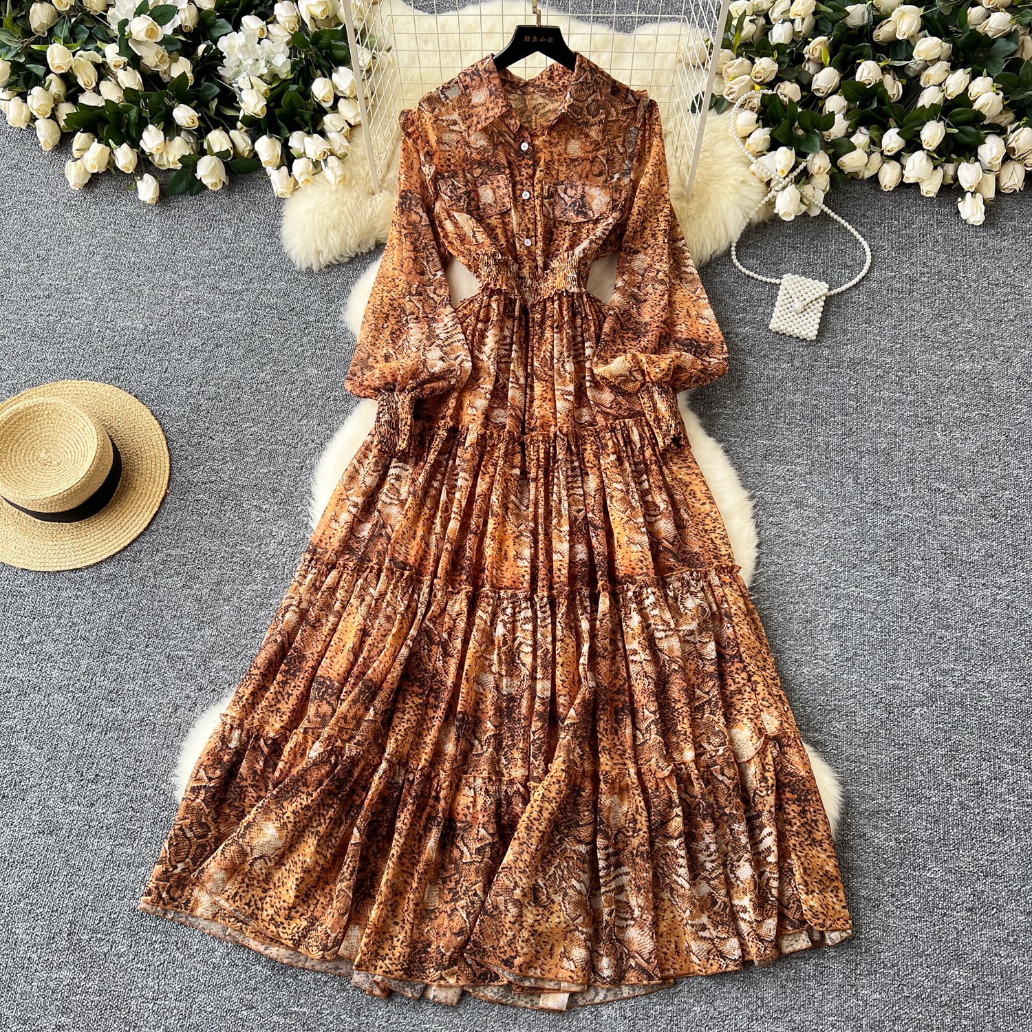 Wholesale 2024 Autumn Print Ruffles Pleated Dress Women's Slim Dresses