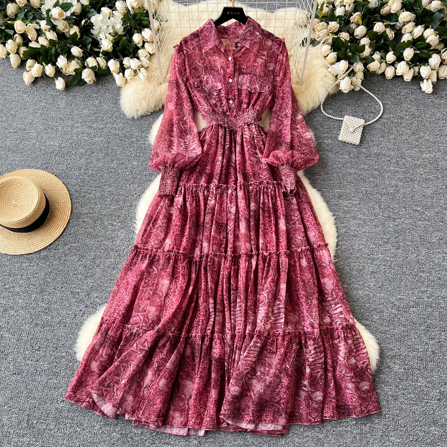 Wholesale 2024 Autumn Print Ruffles Pleated Dress Women's Slim Dresses