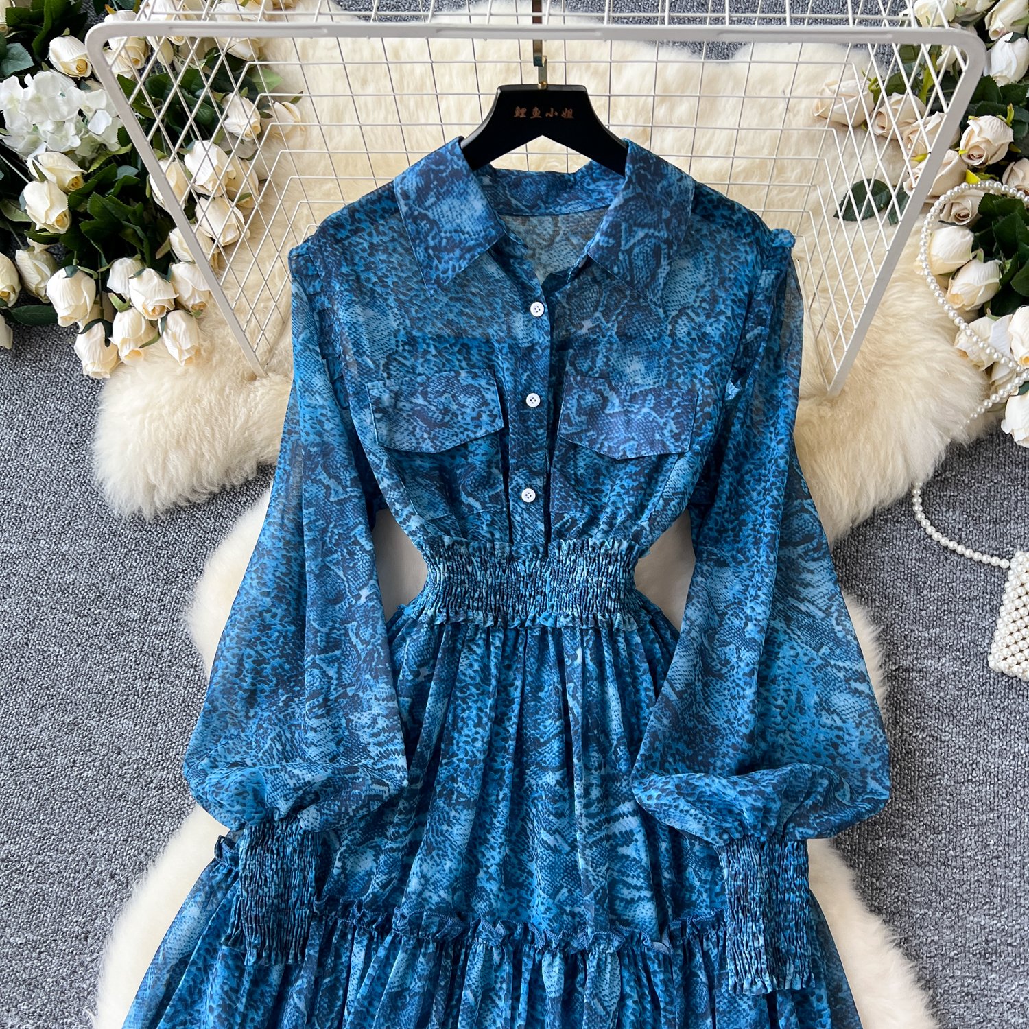 Wholesale 2024 Autumn Print Ruffles Pleated Dress Women's Slim Dresses