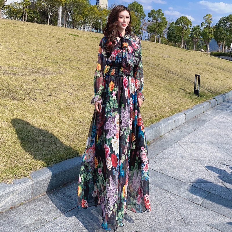 Dropshipping High Quality Floral Dresses Women Slim Waist Elegant A-line Maxi Dress casual woman clothes Long Plus size Dress