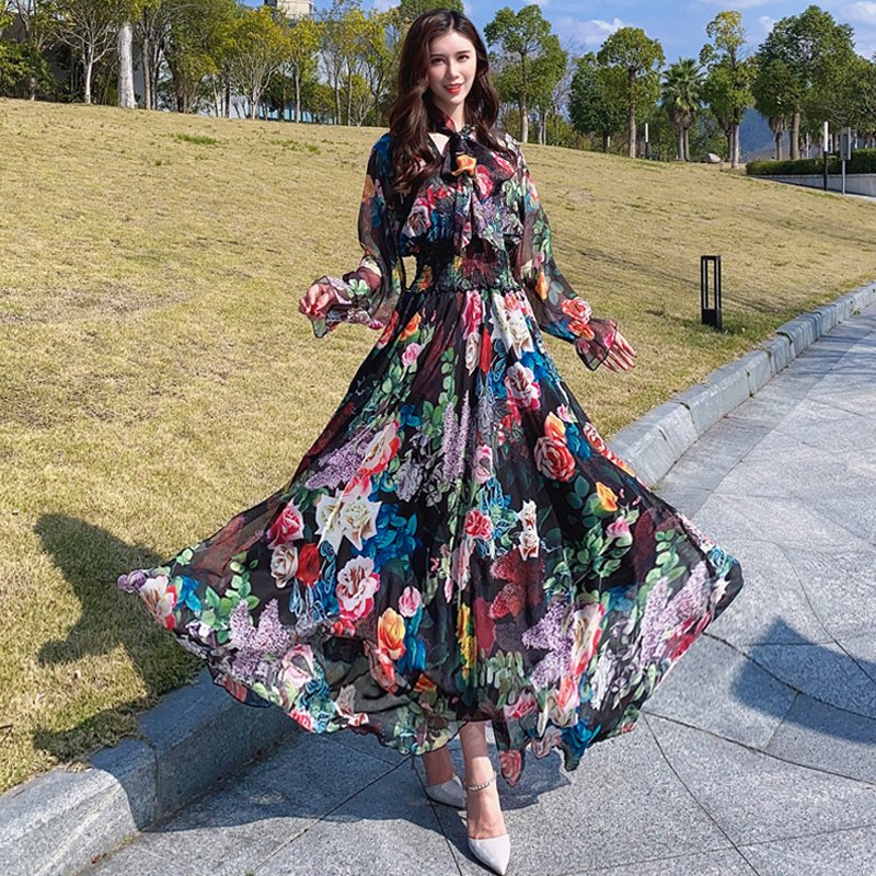 Dropshipping High Quality Floral Dresses Women Slim Waist Elegant A-line Maxi Dress casual woman clothes Long Plus size Dress