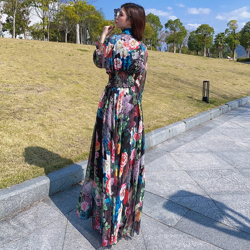 Dropshipping High Quality Floral Dresses Women Slim Waist Elegant A-line Maxi Dress casual woman clothes Long Plus size Dress