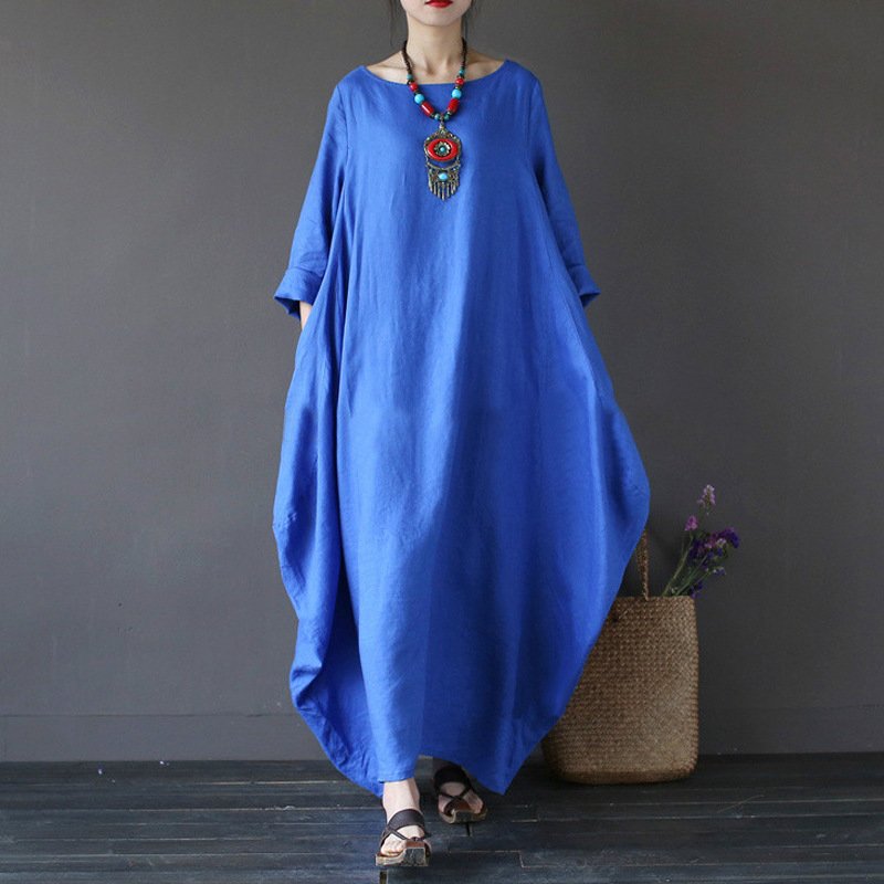 Hot seller spring summer plus size loose pure color Boho cotton and linen long sleeve oversize women maxi shirt casual dress