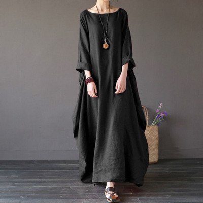 Hot seller spring summer plus size loose pure color Boho cotton and linen long sleeve oversize women maxi shirt casual dress