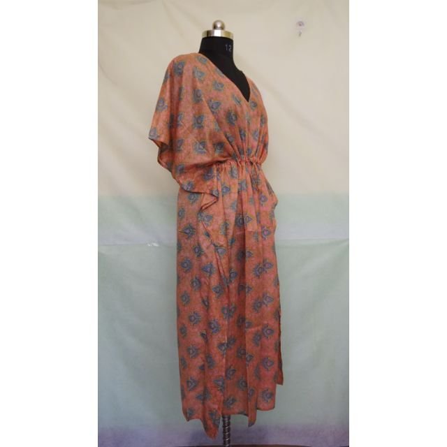 Handmade Vintage Silk Saree Caftan Recycled Silk Night Sleepwear Maxi Dress Printed Beach Wear Gown Holiday Leisure Gifts Kaftan
