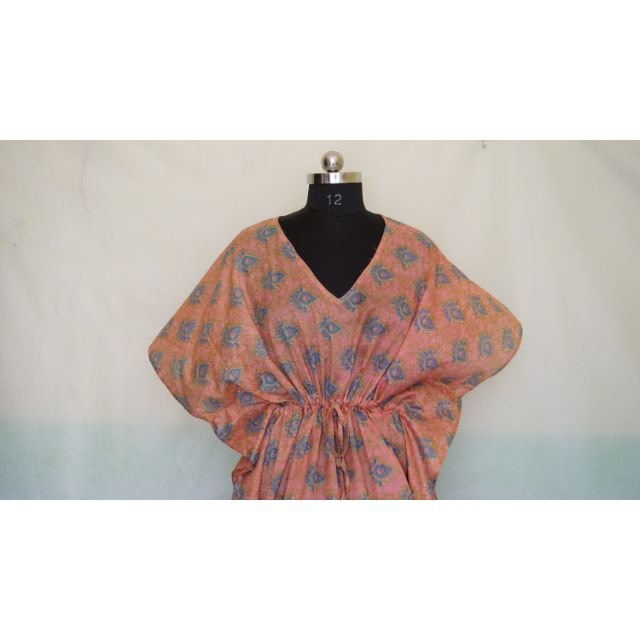 Handmade Vintage Silk Saree Caftan Recycled Silk Night Sleepwear Maxi Dress Printed Beach Wear Gown Holiday Leisure Gifts Kaftan