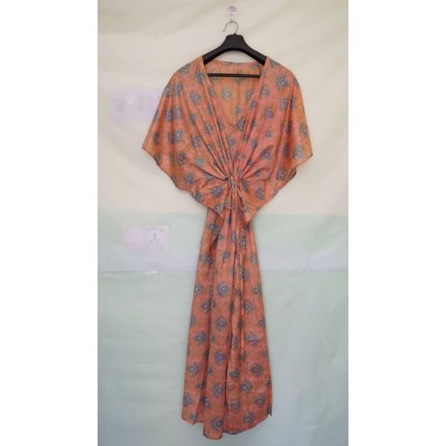 Handmade Vintage Silk Saree Caftan Recycled Silk Night Sleepwear Maxi Dress Printed Beach Wear Gown Holiday Leisure Gifts Kaftan