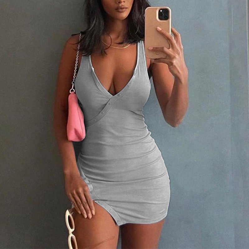 2022 ribbed dress solid color pit strip sexy V-neck irregular slit bag hip skirt dress