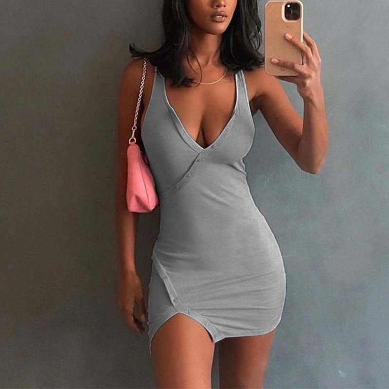 2022 ribbed dress solid color pit strip sexy V-neck irregular slit bag hip skirt dress