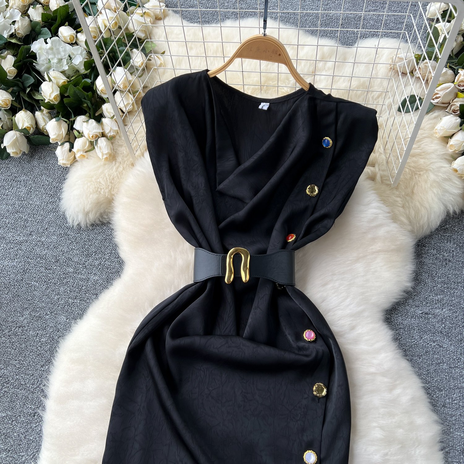 Summer Elegant Swinging Collar Slit Tunic Casual Midi Dress For Women Sleeveless Empire Lace Dress Black