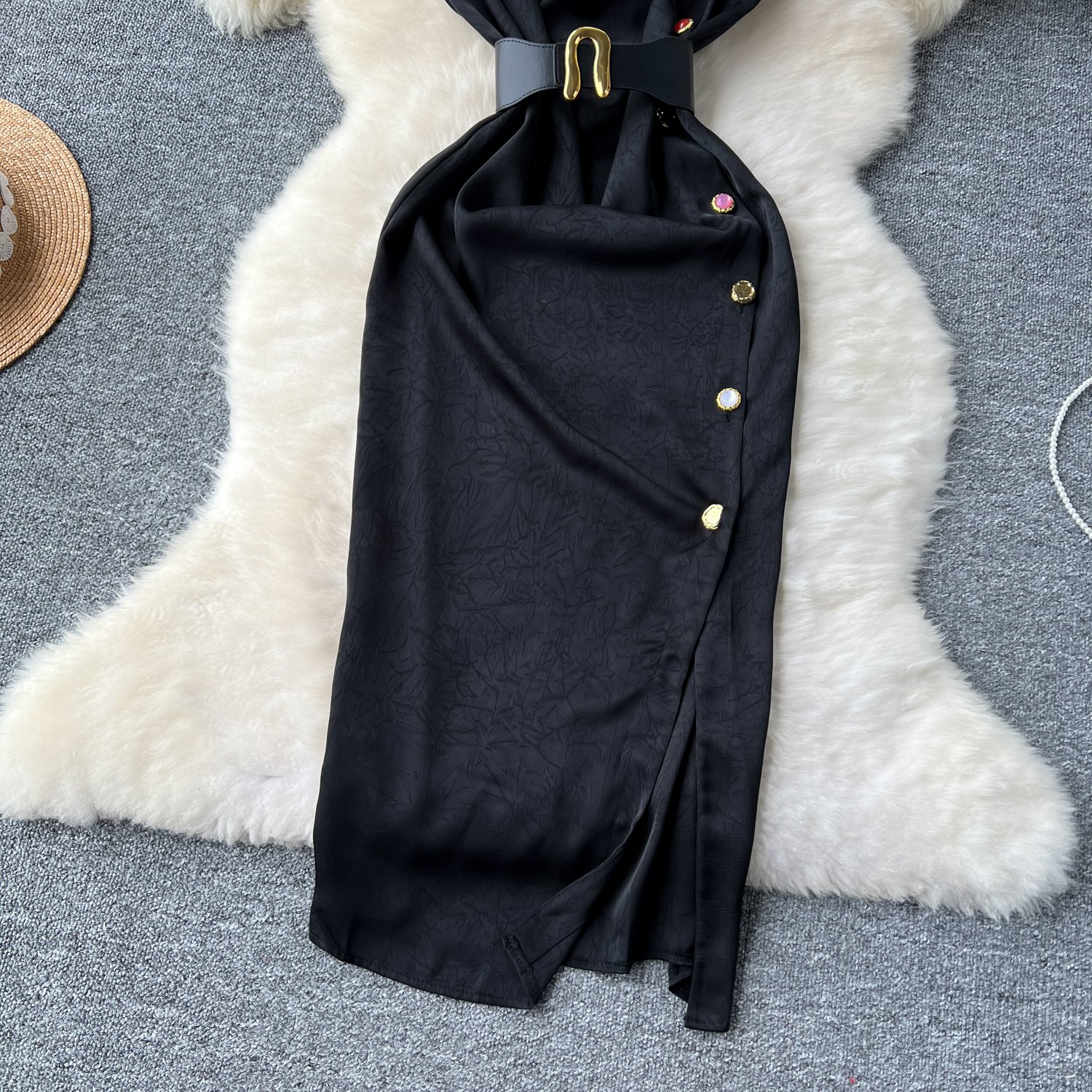 Summer Elegant Swinging Collar Slit Tunic Casual Midi Dress For Women Sleeveless Empire Lace Dress Black