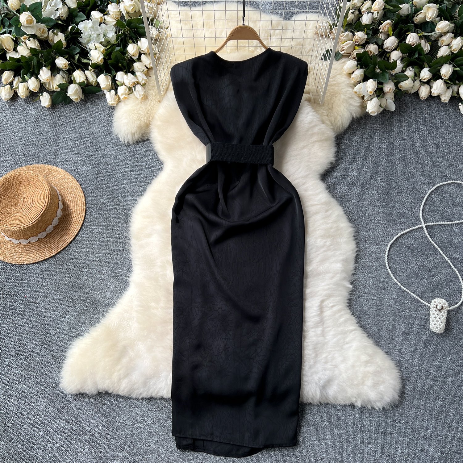 Summer Elegant Swinging Collar Slit Tunic Casual Midi Dress For Women Sleeveless Empire Lace Dress Black