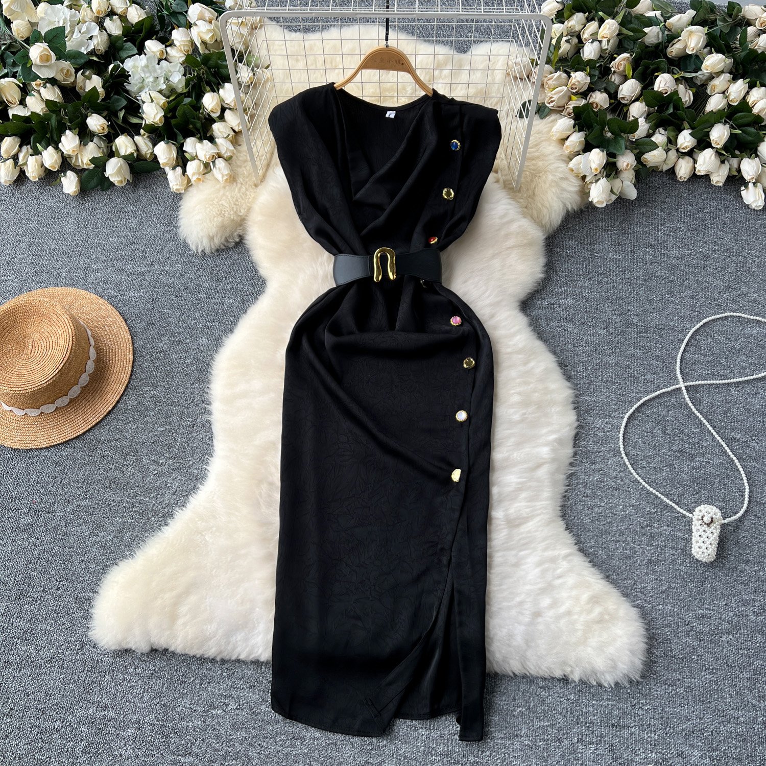 Summer Elegant Swinging Collar Slit Tunic Casual Midi Dress For Women Sleeveless Empire Lace Dress Black