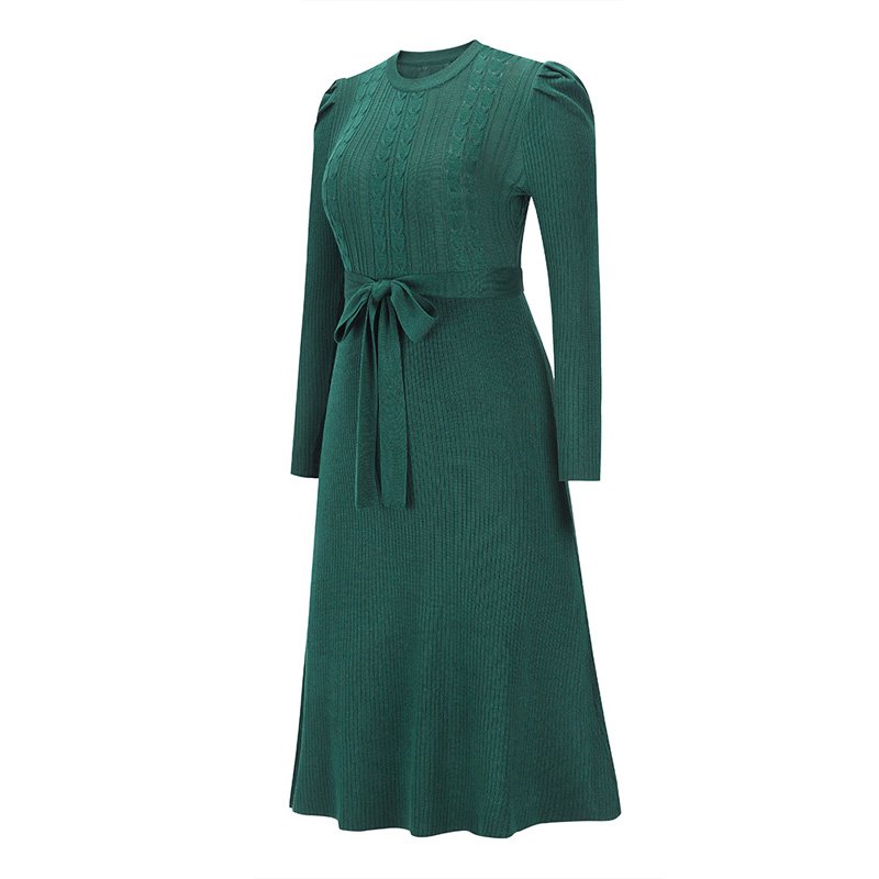 Spring bubble long-sleeved knit dress mid-length temperament is thin and high-waisted big swing dress