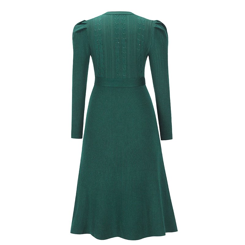 Spring bubble long-sleeved knit dress mid-length temperament is thin and high-waisted big swing dress