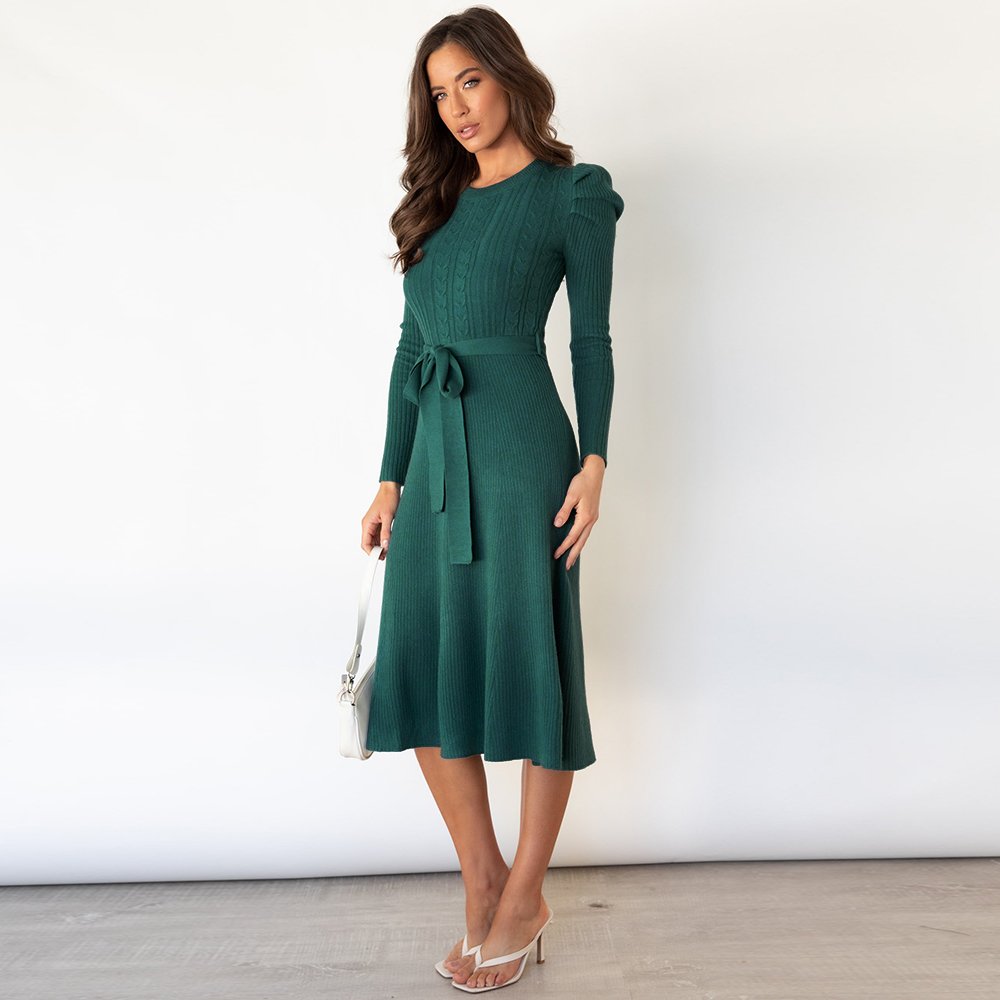 Spring bubble long-sleeved knit dress mid-length temperament is thin and high-waisted big swing dress