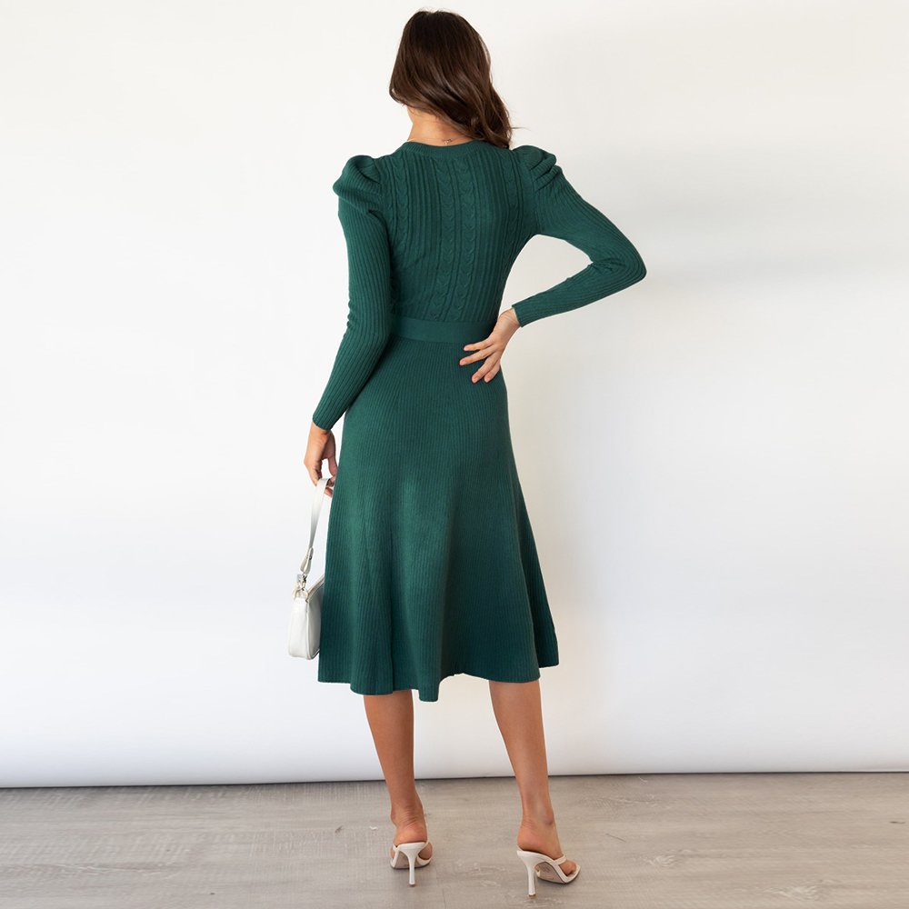 Spring bubble long-sleeved knit dress mid-length temperament is thin and high-waisted big swing dress
