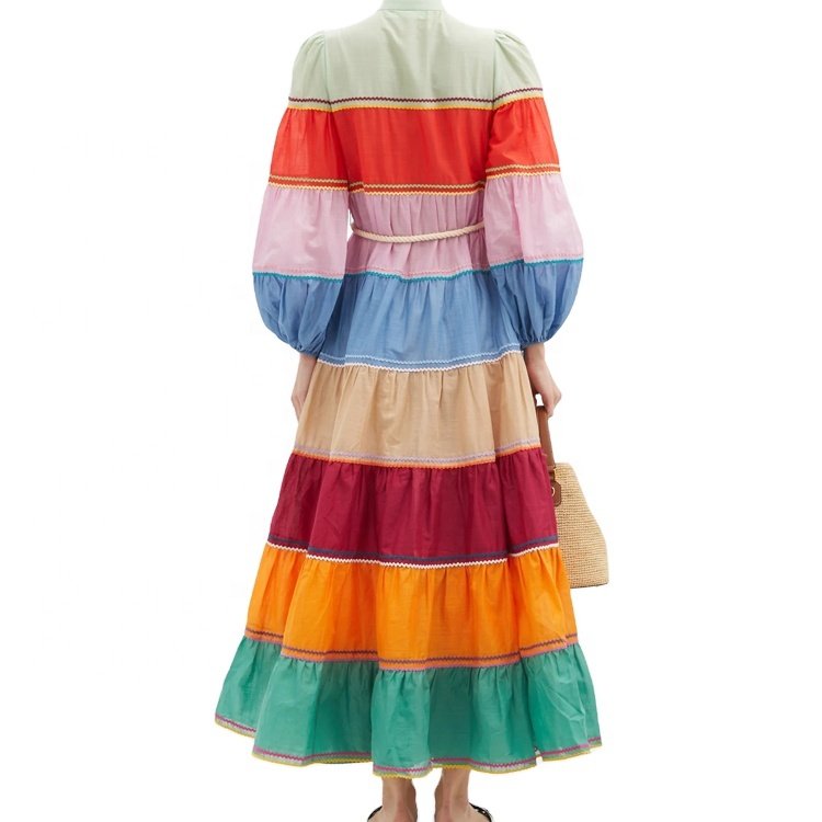 Colorful Stripe Tiered Maxi Dress Ladies Casual Long Sleeve Rope Belt Button Front Shirt Dress