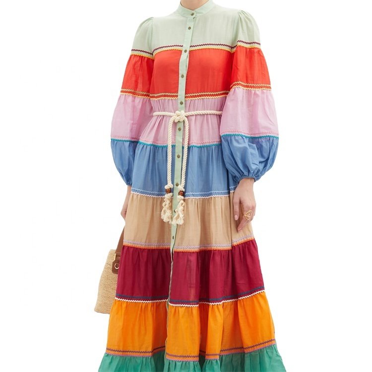 Colorful Stripe Tiered Maxi Dress Ladies Casual Long Sleeve Rope Belt Button Front Shirt Dress
