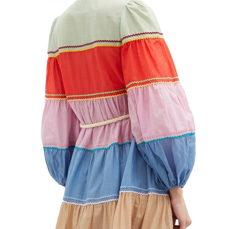 Colorful Stripe Tiered Maxi Dress Ladies Casual Long Sleeve Rope Belt Button Front Shirt Dress