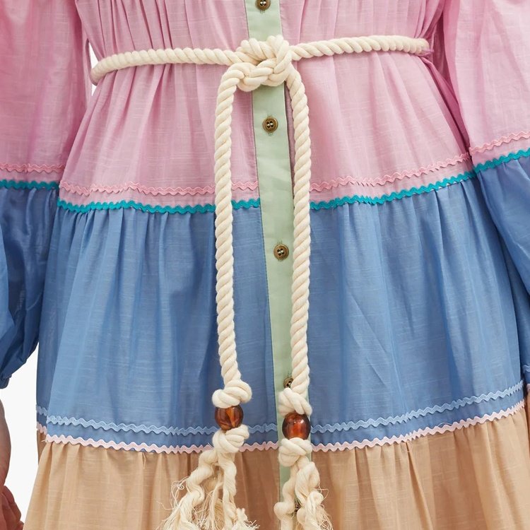 Colorful Stripe Tiered Maxi Dress Ladies Casual Long Sleeve Rope Belt Button Front Shirt Dress