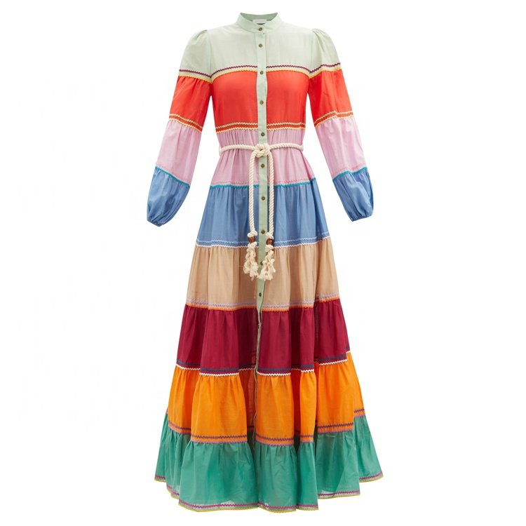 Colorful Stripe Tiered Maxi Dress Ladies Casual Long Sleeve Rope Belt Button Front Shirt Dress