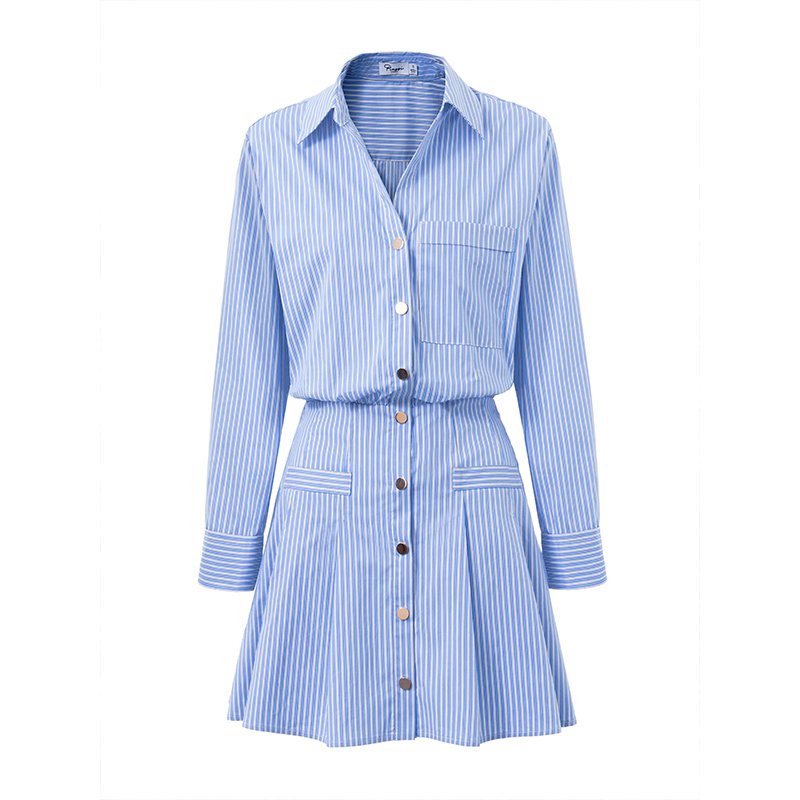 High Performance Commuting V-Neck Long Sleeve Blue Striped Shirt Dress Elegant Women Casual Dress