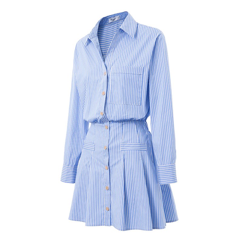 High Performance Commuting V-Neck Long Sleeve Blue Striped Shirt Dress Elegant Women Casual Dress