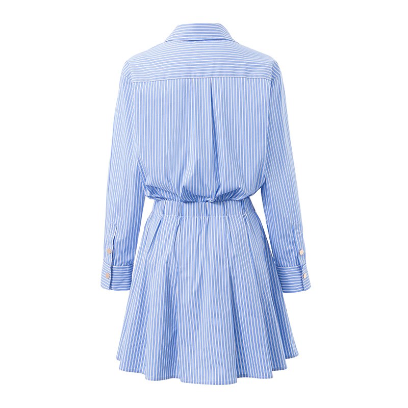 High Performance Commuting V-Neck Long Sleeve Blue Striped Shirt Dress Elegant Women Casual Dress