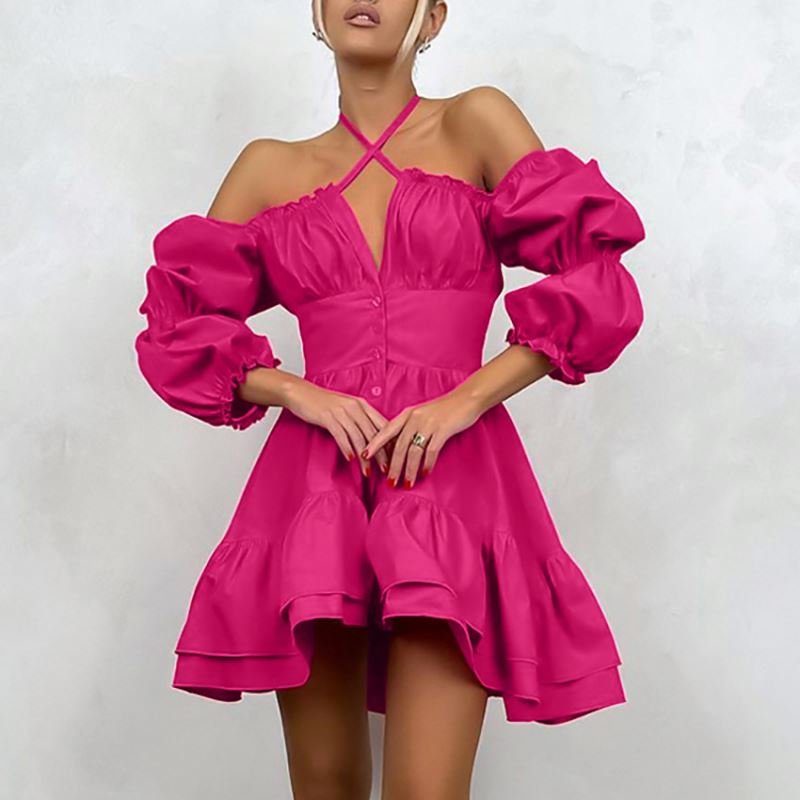 2024 Custom Short Sleeve Off Shoulder Summer Casual Dress Backless Puff Sleeves Nightclub Elegant Ruffles Mini Dress