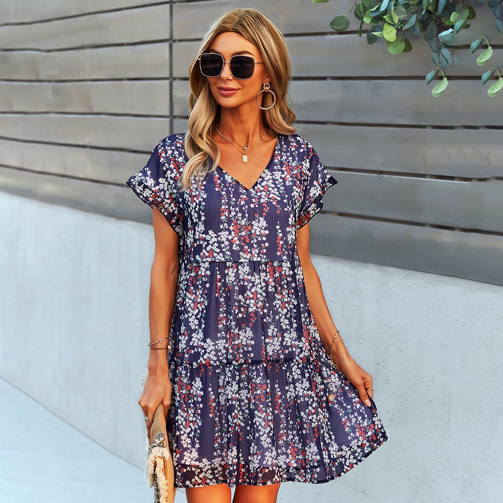 New Style Summer Elegant Dress A Line Loose Ruffle Dresses V Neck Mini Party Casual Dresses