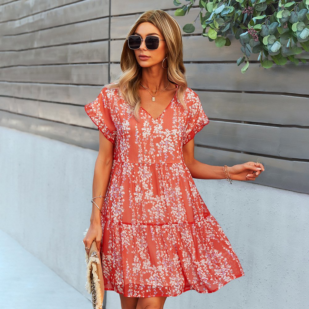 New Style Summer Elegant Dress A Line Loose Ruffle Dresses V Neck Mini Party Casual Dresses