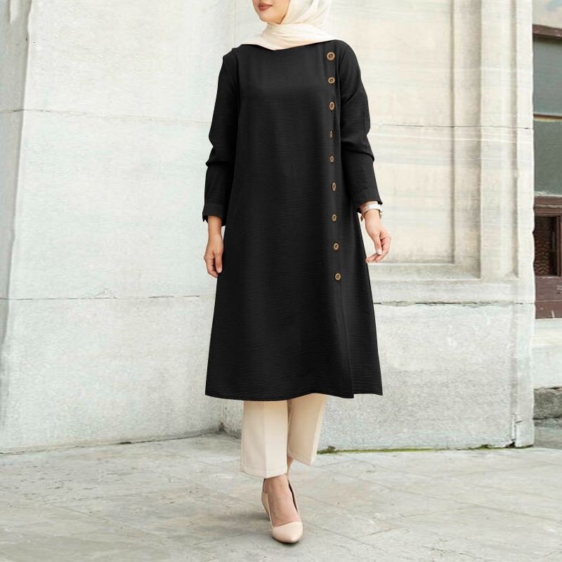 New Muslim loose casual long sleeved button decoration women's clothing Middle Eastern long sleeved shirt