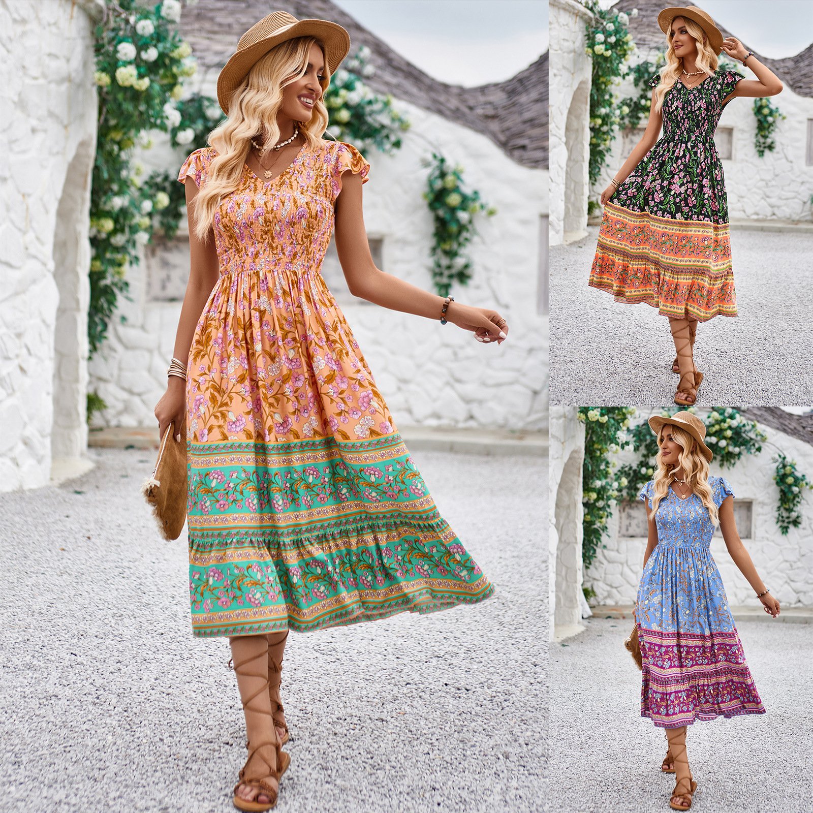 Wholesale hot OEM ODM 2024 summer new casual dress Print V-neck flying sleeve Bohemian dress