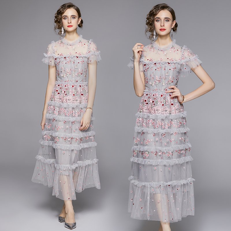 Round neck ruffle short sleeves light luxury mesh embroidery big swing long positioning floral dress YYX9730128