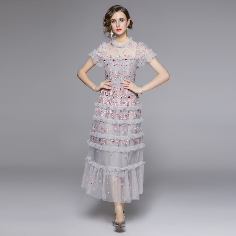 Round neck ruffle short sleeves light luxury mesh embroidery big swing long positioning floral dress YYX9730128