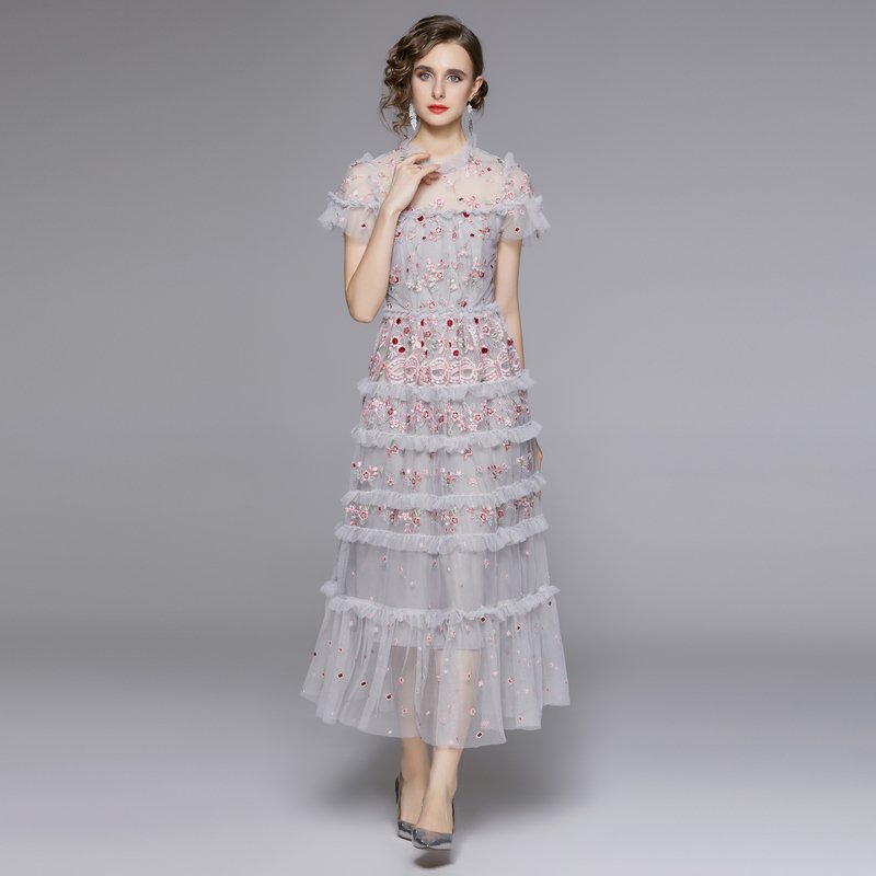 Round neck ruffle short sleeves light luxury mesh embroidery big swing long positioning floral dress YYX9730128