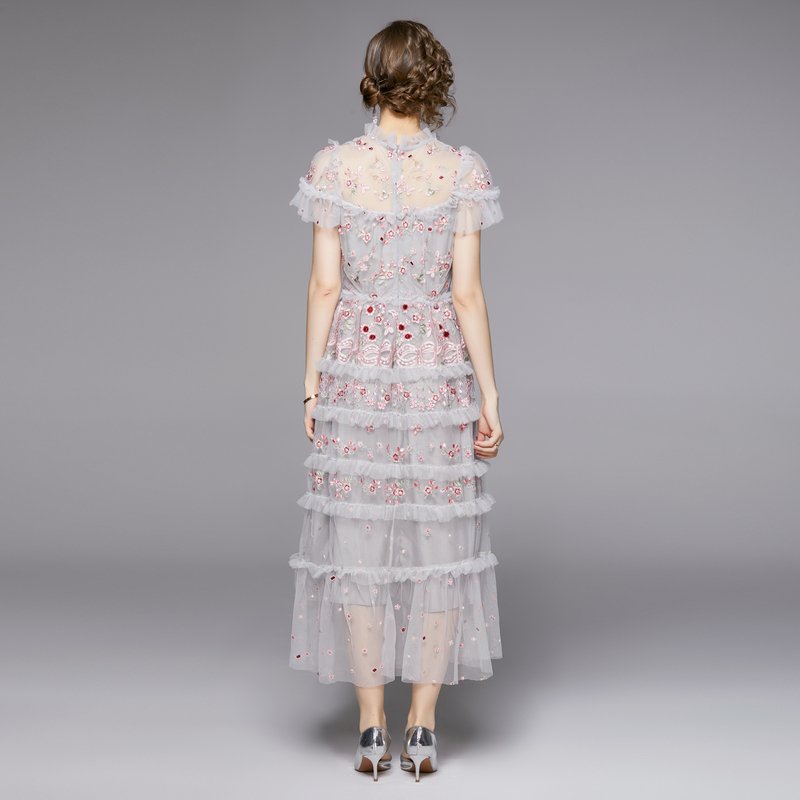 Round neck ruffle short sleeves light luxury mesh embroidery big swing long positioning floral dress YYX9730128