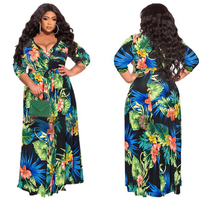 5XL Summer Fall Women Flower Leaf Print Plus Size Dress With Belt Deep V Neck Sexy Casual Lady Tie Waist Elegant Maxi Dress