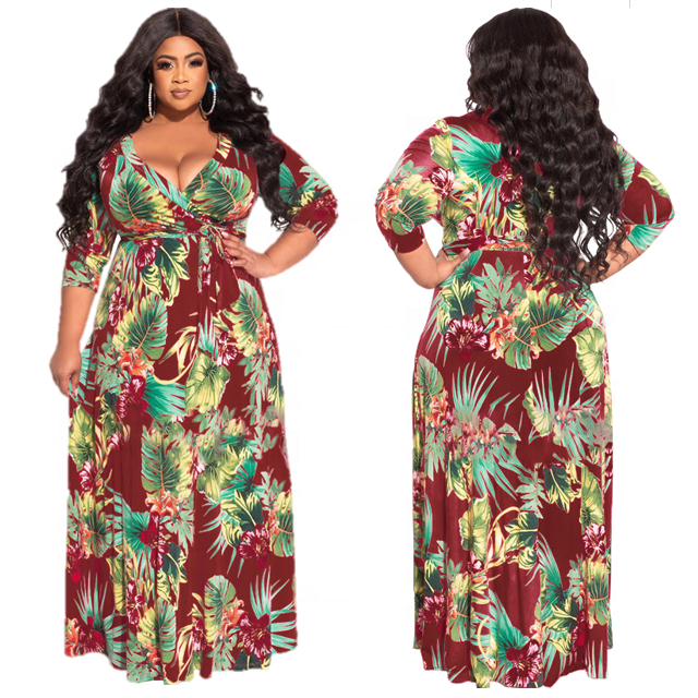 5XL Summer Fall Women Flower Leaf Print Plus Size Dress With Belt Deep V Neck Sexy Casual Lady Tie Waist Elegant Maxi Dress