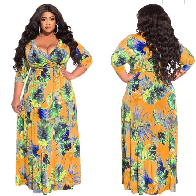 5XL Summer Fall Women Flower Leaf Print Plus Size Dress With Belt Deep V Neck Sexy Casual Lady Tie Waist Elegant Maxi Dress