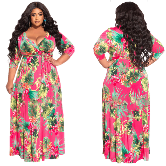 5XL Summer Fall Women Flower Leaf Print Plus Size Dress With Belt Deep V Neck Sexy Casual Lady Tie Waist Elegant Maxi Dress