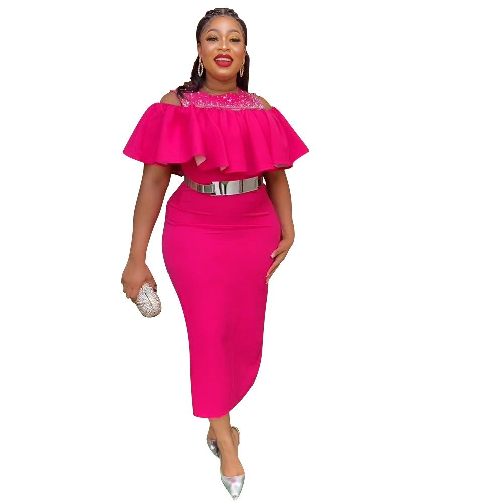 K0071 2023 New Arrivals Elegant Career Dresses African Women Fashion Cold Shoulder Ruffle Design Midi Dress Slim Fit Party Skirt