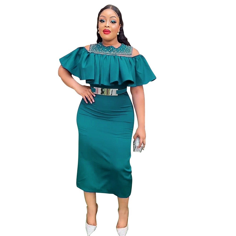 K0071 2023 New Arrivals Elegant Career Dresses African Women Fashion Cold Shoulder Ruffle Design Midi Dress Slim Fit Party Skirt