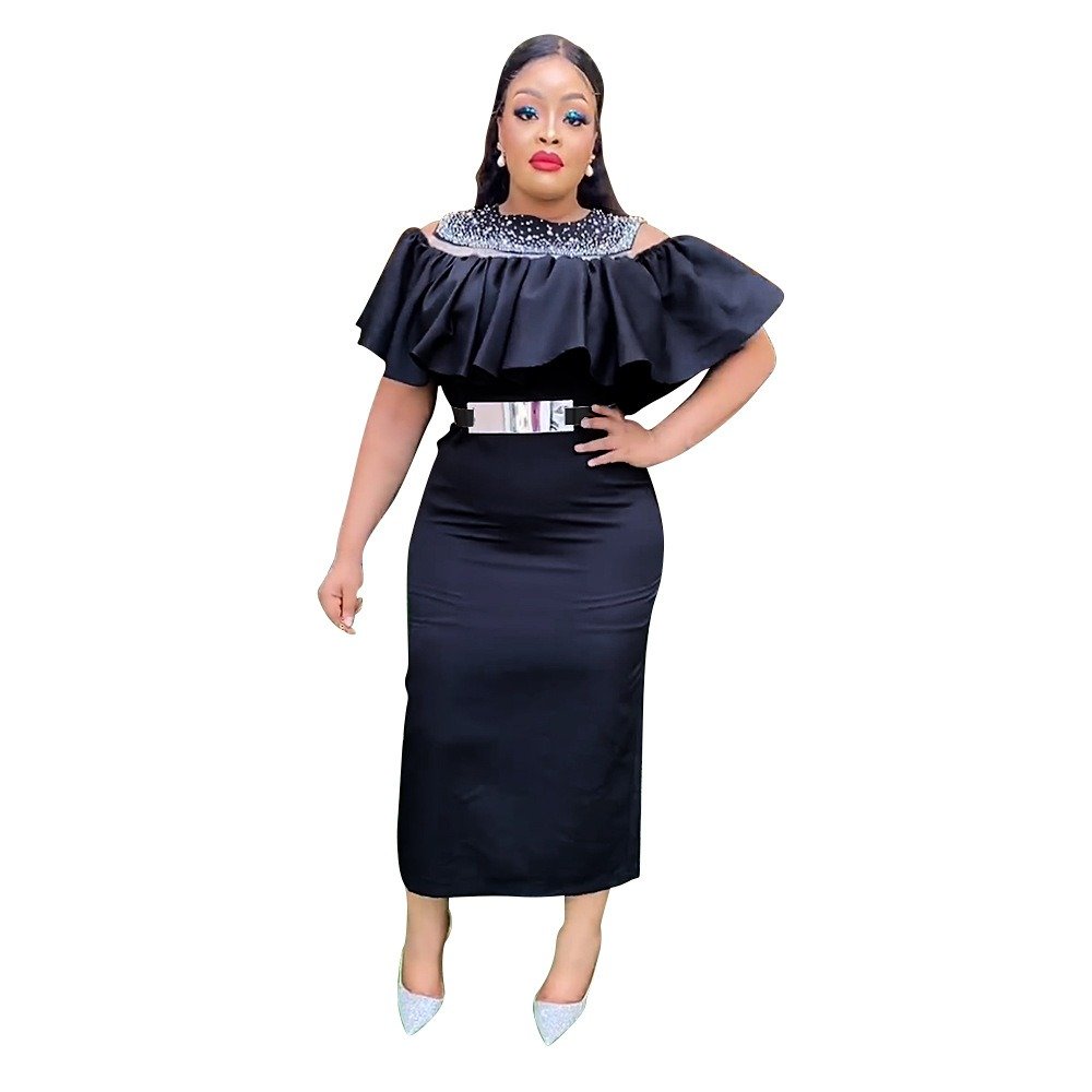 K0071 2023 New Arrivals Elegant Career Dresses African Women Fashion Cold Shoulder Ruffle Design Midi Dress Slim Fit Party Skirt