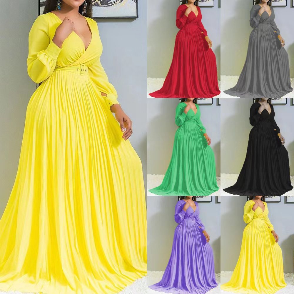 Fall High Waist and Thin Pure Color womens dresses Temperament Retro Chiffon Long Sleeve Long Skirt casual dresses