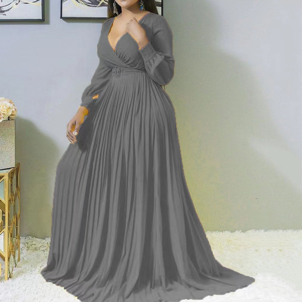 Fall High Waist and Thin Pure Color womens dresses Temperament Retro Chiffon Long Sleeve Long Skirt casual dresses