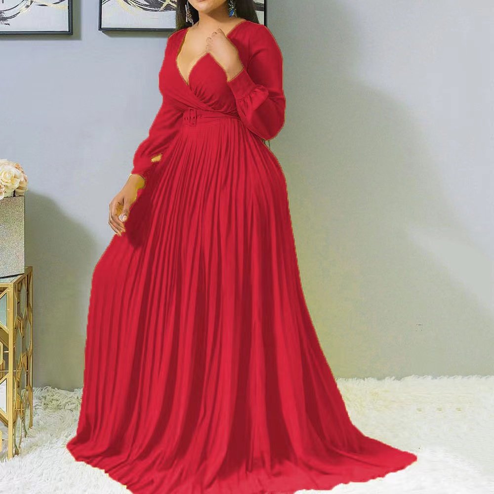 Fall High Waist and Thin Pure Color womens dresses Temperament Retro Chiffon Long Sleeve Long Skirt casual dresses