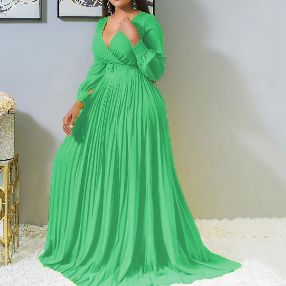 Fall High Waist and Thin Pure Color womens dresses Temperament Retro Chiffon Long Sleeve Long Skirt casual dresses