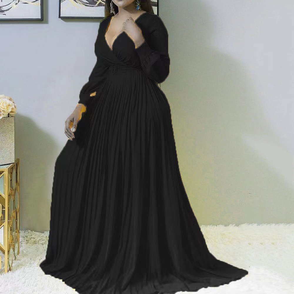 Fall High Waist and Thin Pure Color womens dresses Temperament Retro Chiffon Long Sleeve Long Skirt casual dresses